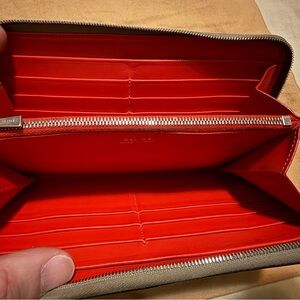 Celine beige brownish Leather long Wallet. Red interior